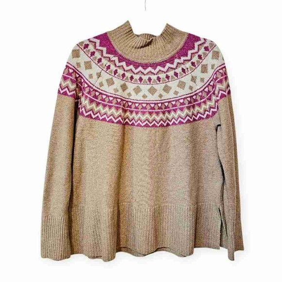 Sweaters - Women's Tan and Pink Patterned Sweater